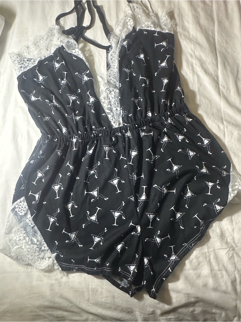 Black Lace-Trim Martini Print Romper Pajama